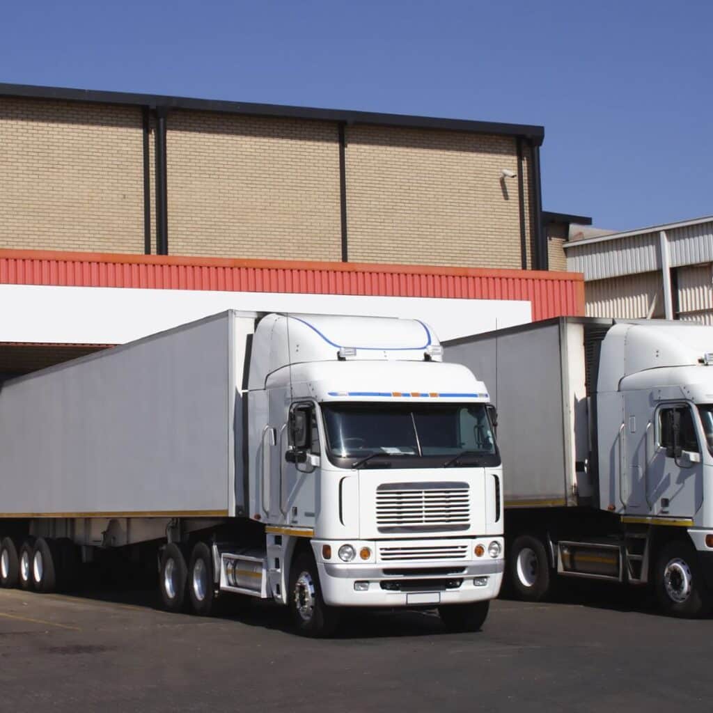 An example of supply chain management. A picture of a couple trucks docked at a warehouse.