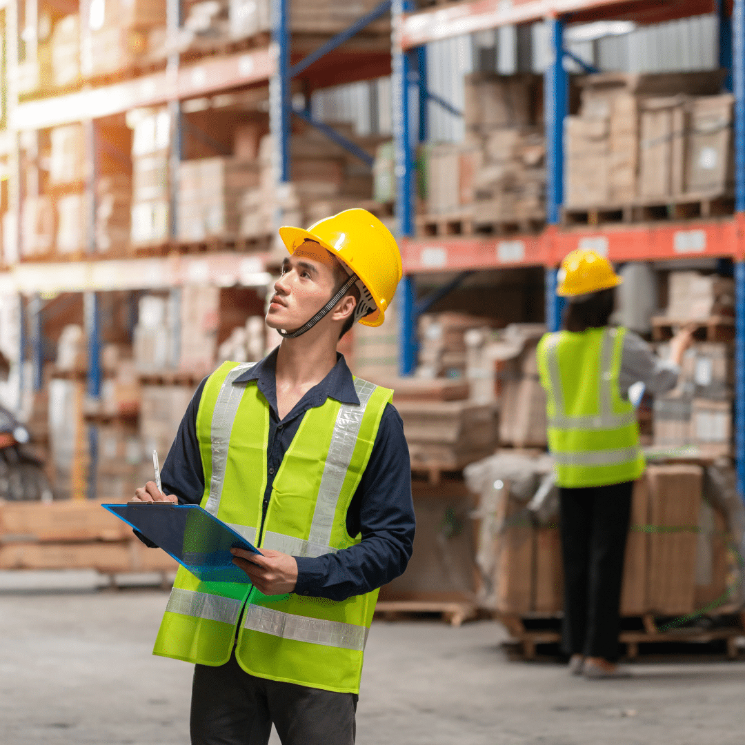 An example of warehouse storage. An image of a man in a hard hat and a reflective vest looking at items on a shelf. 