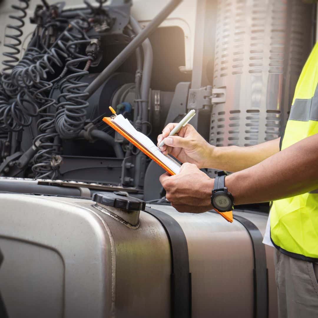 An image of a man inspecting a truck for safety. Logistics companies adhere to strick safety measures.