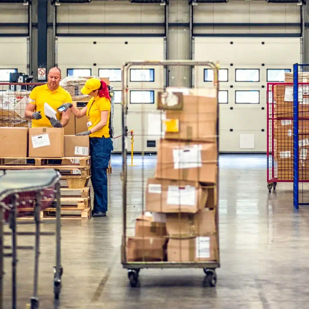 Two warehouse team members checking packages on a cart while handling growing order volume